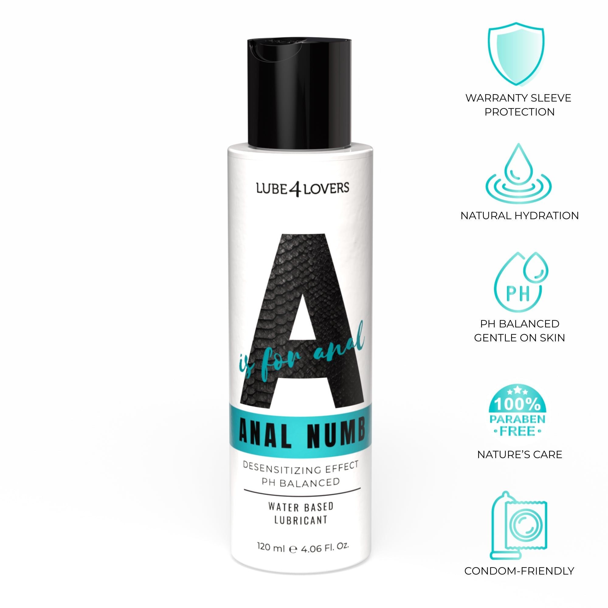 Flacone bianco con tappo nero. Scritta: A is for anal Numb. Icone: garanzia, idratazione, pH bilanciato, senza parabeni, compatibile con preservativi.