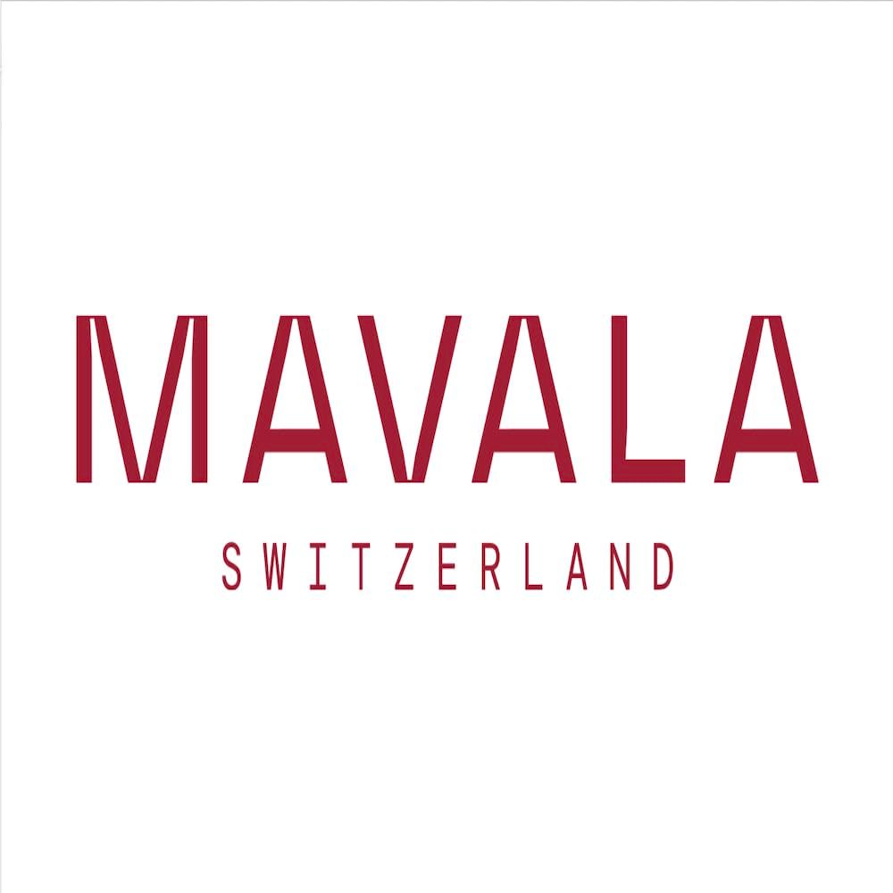 Logo: Mavala, Svizzera. Testo rosso su sfondo bianco.