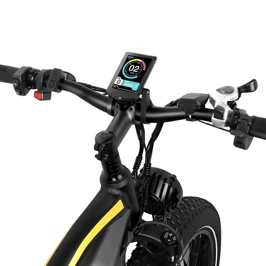 Manubrio di e-MTB. Display digitale, comandi, faro.