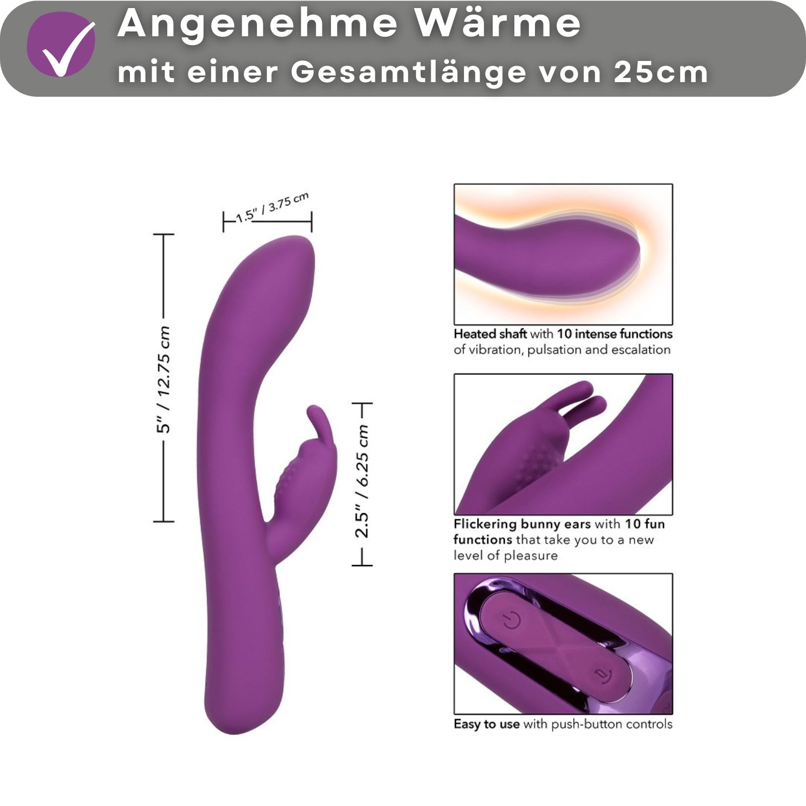Vibratore viola con misure. Testo: 25cm lungo, 12.75cm alto, 6.25cm largo. Funzioni: calore, vibrazione, orecchie.