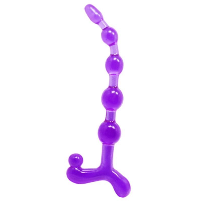 Catena di perle anali viola con cinque sfere e un manico.