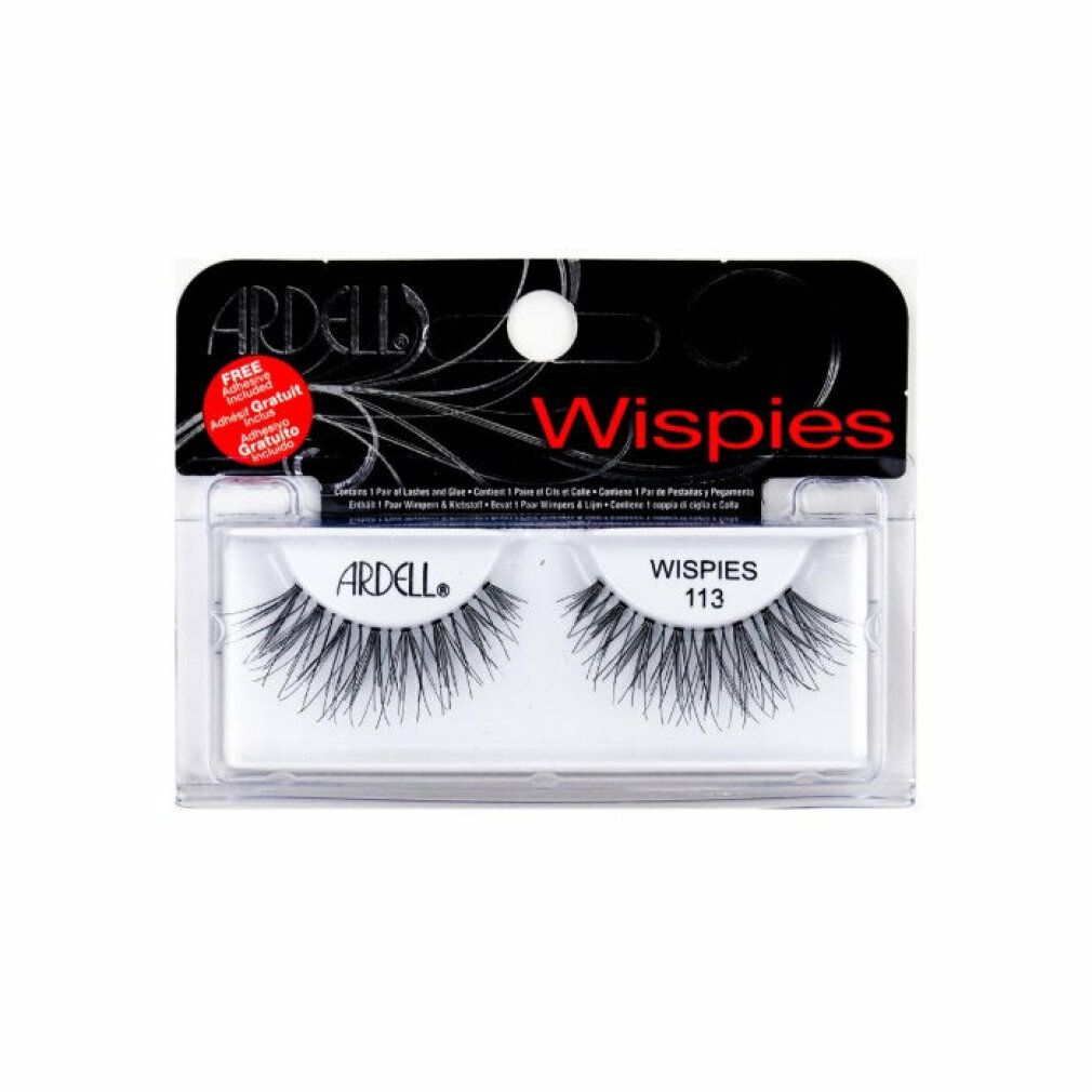 Ciglia Ardell Wispies 113. Ciglia finte nere in confezione. Contiene colla. Leggere, confortevoli, capelli naturali.