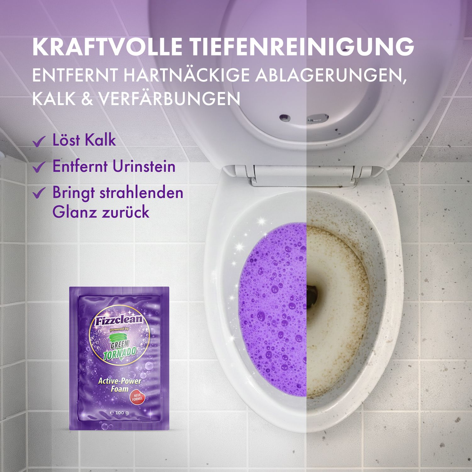 Water parzialmente pulito con schiuma viola, bustina Fizzclean accanto.