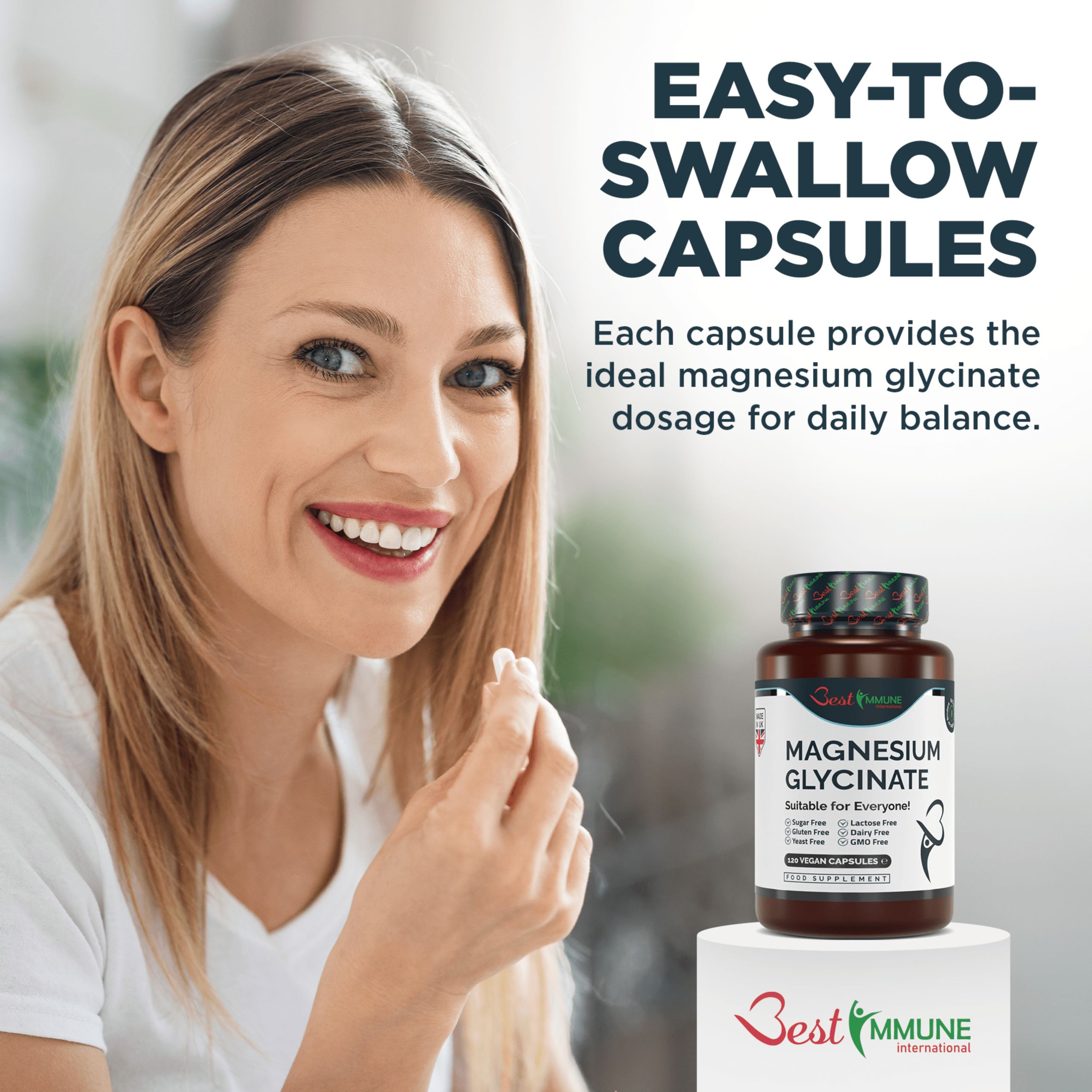 Donna che tiene in mano una capsula. Flacone di magnesio glicinato. Marchio: Best Immune. Testo: Capsule facili da deglutire.