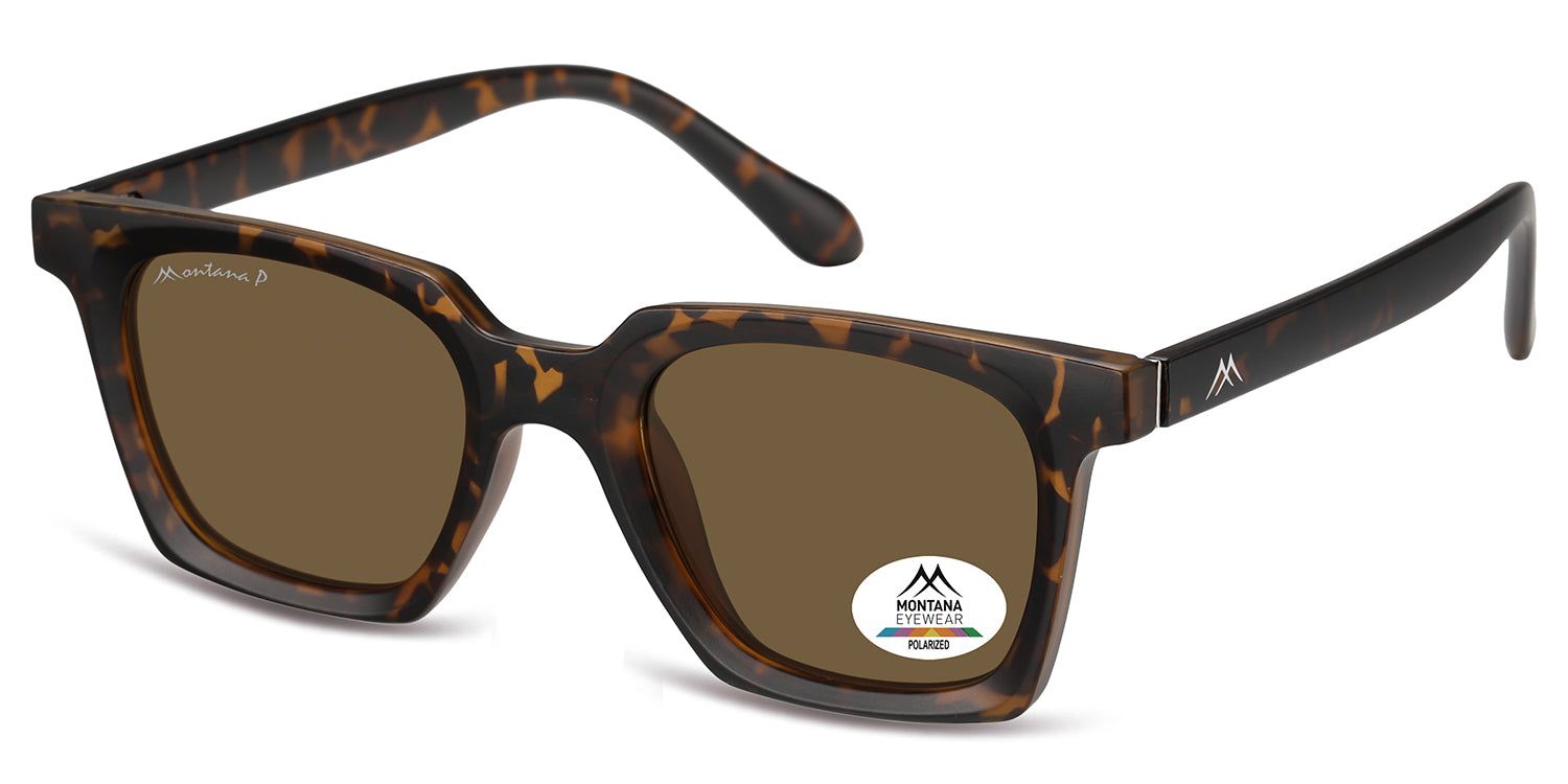 Occhiali da sole marroni con montatura marrone fantasia. Sulla lente destra è presente un adesivo con logo e scritta 'POLARIZED'.