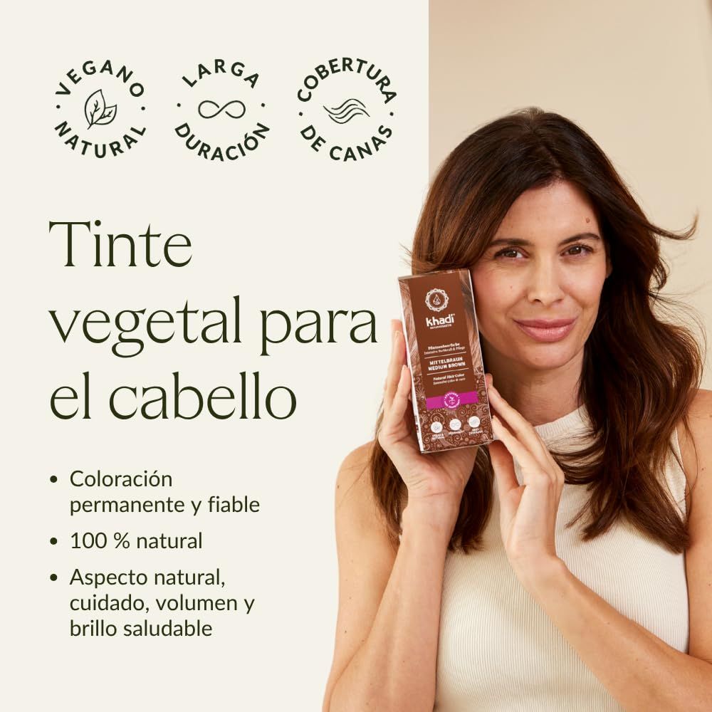 Donna tiene confezione. Testo: Tinte vegetal para el cabello. Loghi: Vegan, Larga Duración, Cobertura de Canas.