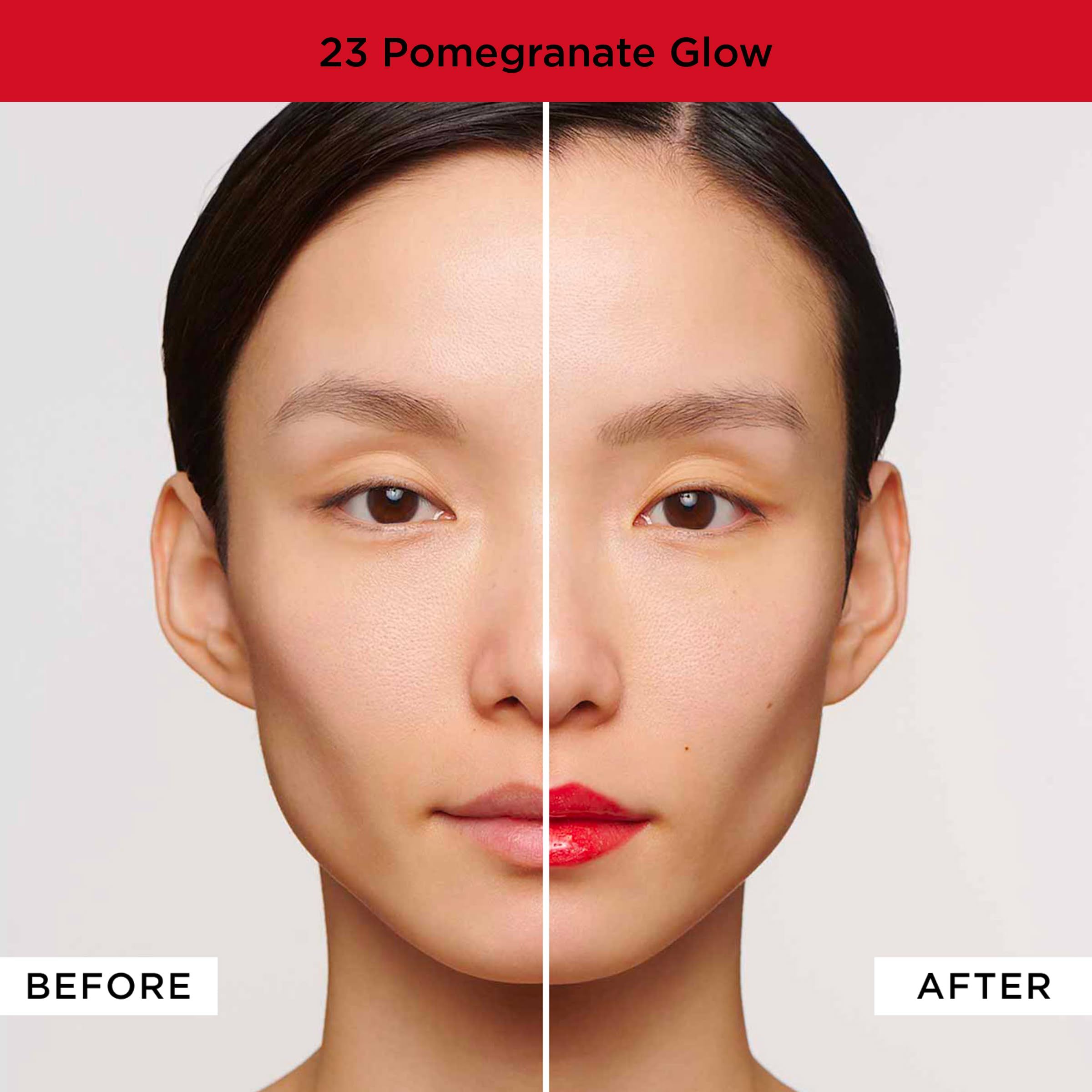Volto di donna, una metà senza rossetto, l'altra con. Testo: 23 Pomegranate Glow.