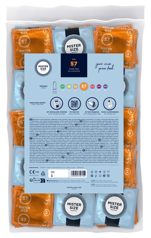 Retro di una confezione di preservativi Mister Size 57 con informazioni sul prodotto e guida alle taglie.