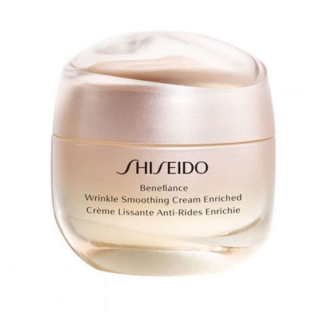 Vasetto di crema con coperchio. Scritta: SHISEIDO Benefiance, Wrinkle Smoothing Cream Enriched, Crème Lissante Anti-Rides Enrichie.