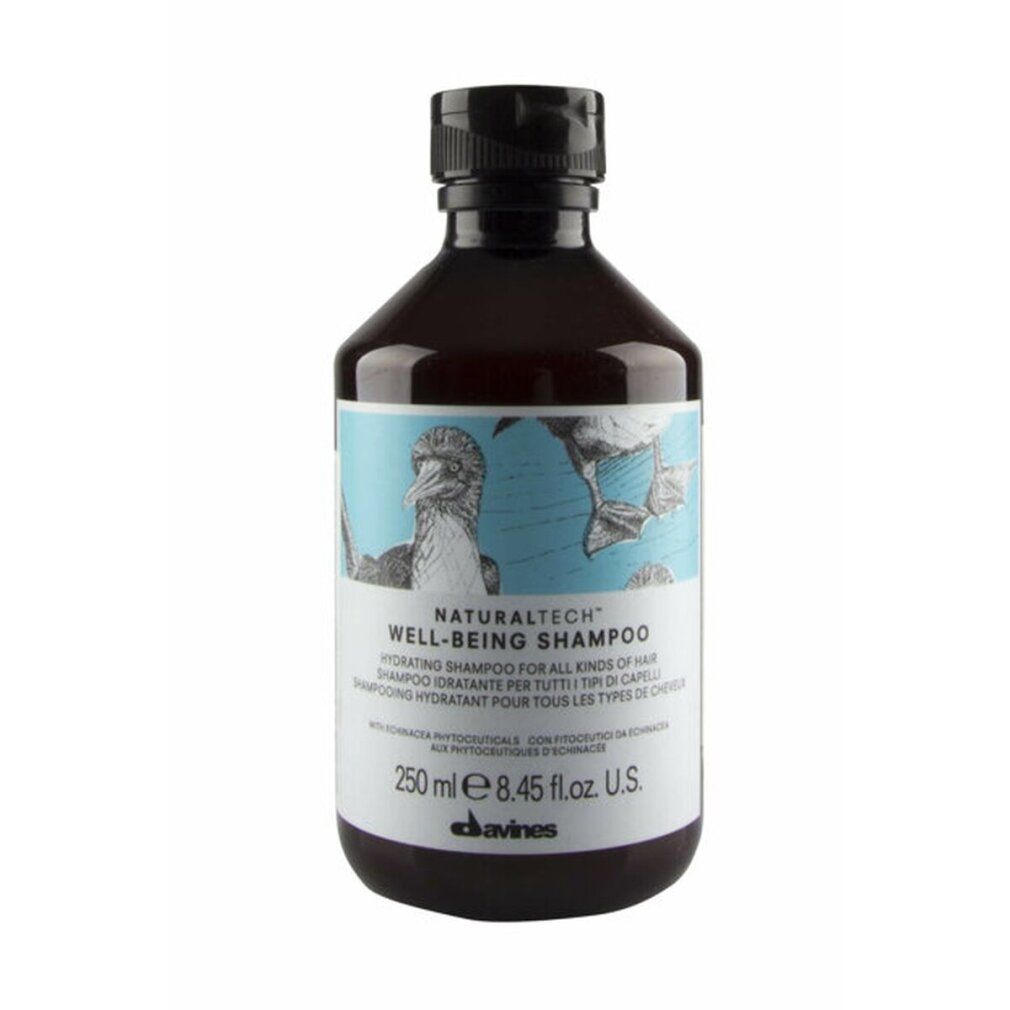 Flacone marrone con tappo nero. Etichetta con nome del prodotto e illustrazione. Davines Naturaltech Well-Being Shampoo.