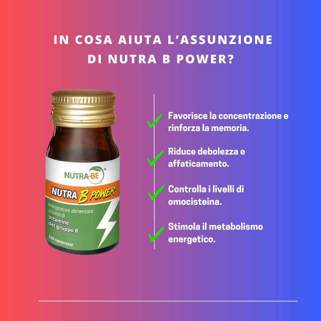 Flacone "NUTRA B POWER" accanto a testo sui benefici: concentrazione, memoria, ecc.