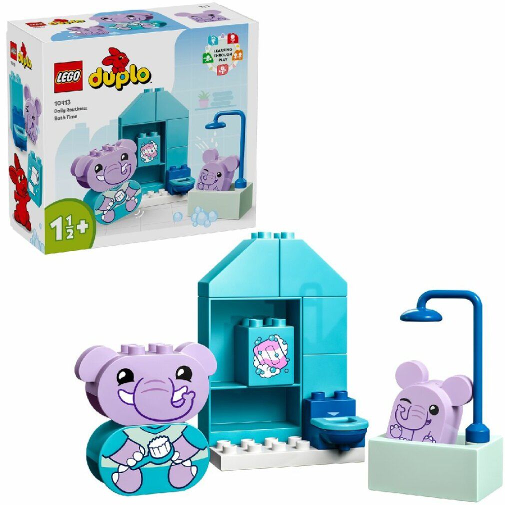 Set LEGO DUPLO con personaggi elefante, vasca da bagno, servizi igienici e doccia. La confezione mostra il set. Età consigliata 1 1/2+.