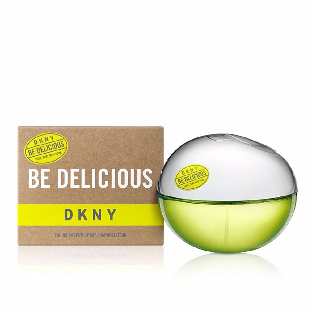 Flacone rotondo e confezione. Flacone con tappo argentato e liquido verde-giallo. Confezione con logo DKNY Be Delicious.