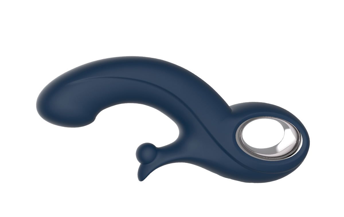 Vibratore blu con forma curva e anello. Con una piccola protuberanza rotonda e una punta allungata.
