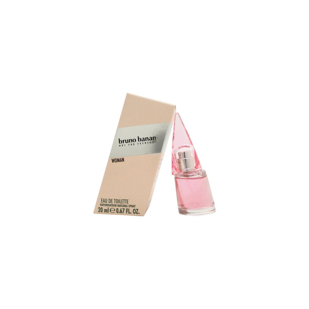 Flacone e confezione rosa. Flacone con vaporizzatore argento. Testo: Bruno Banani, Woman, Eau de Toilette.