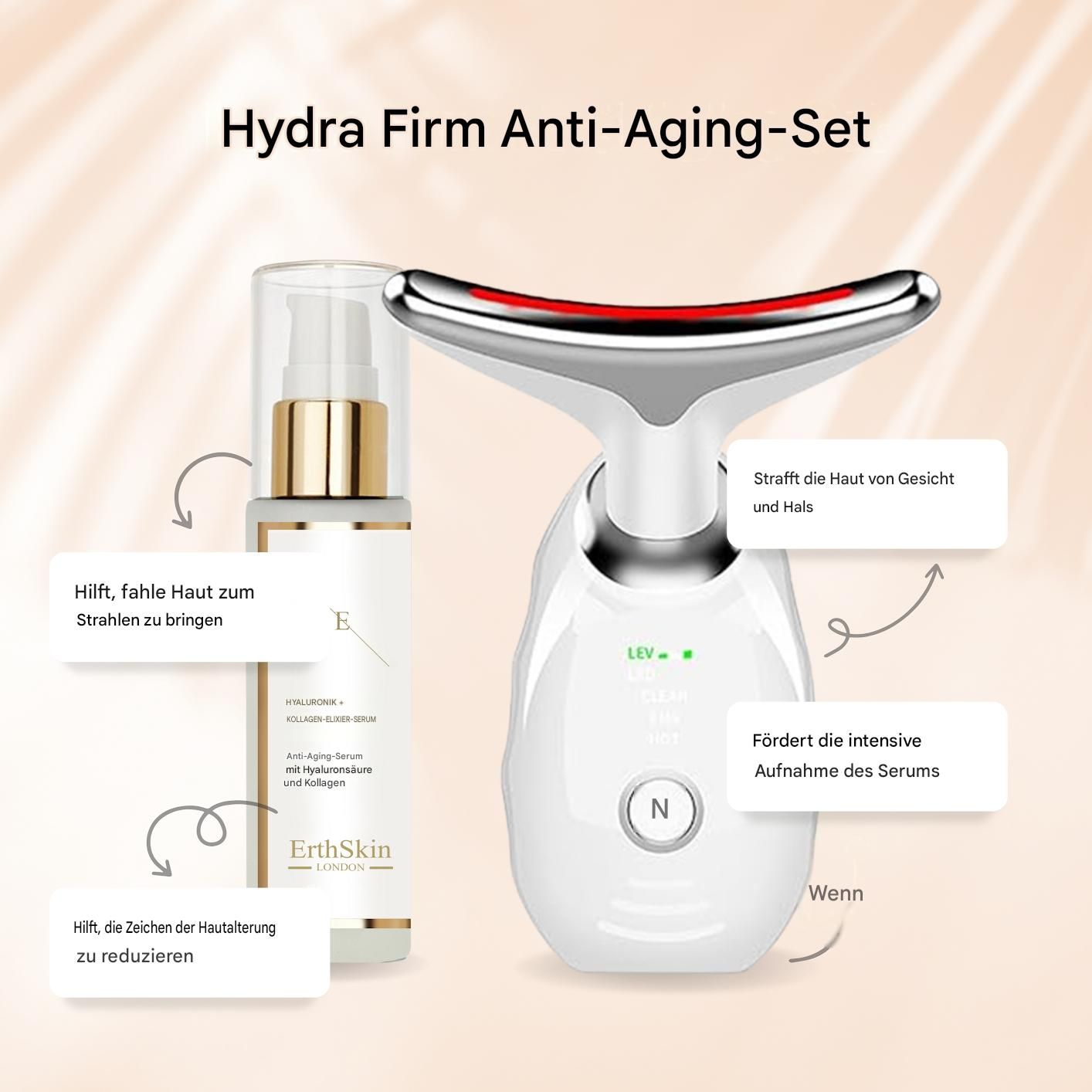 Set Erth Skin London Hydra Firm Anti-Aging: massaggiatore cervicale LED e siero elisir con istruzioni.