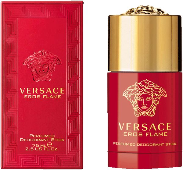 Stick deodorante rosso e confezione. Tappo dorato. Marchio e nome del prodotto stampati. 75 ml.
