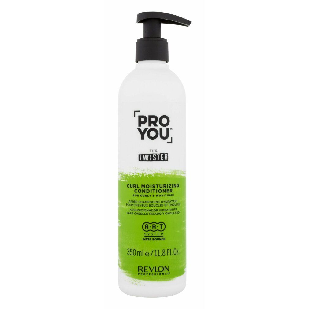 Flacone bianco con erogatore nero. Etichetta verde e bianca con testo: Pro You The Twister Conditioner, Revlon.