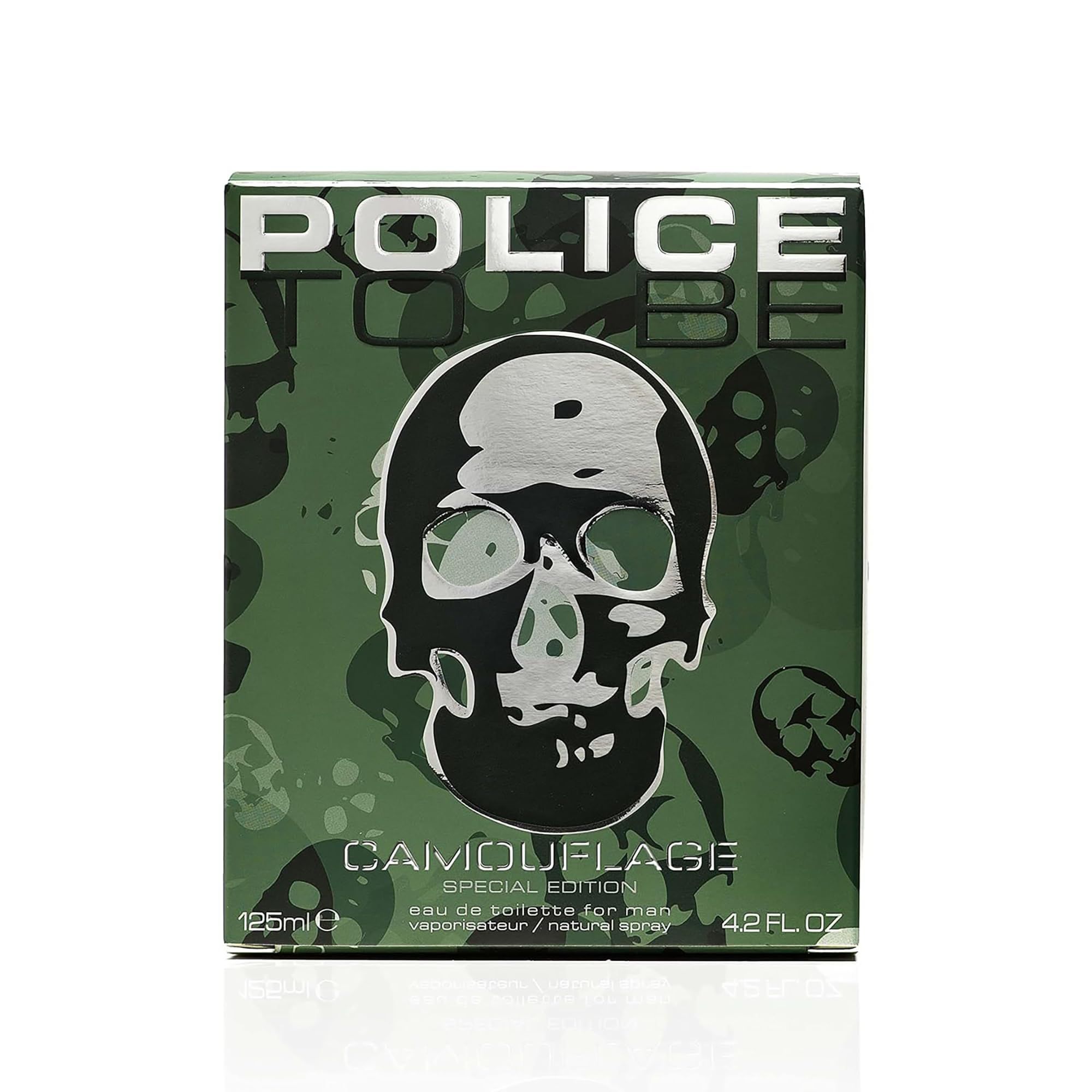 Scatola verde con design a teschio e motivo mimetico. Marchio Police. Testo: Camouflage Special Edition.