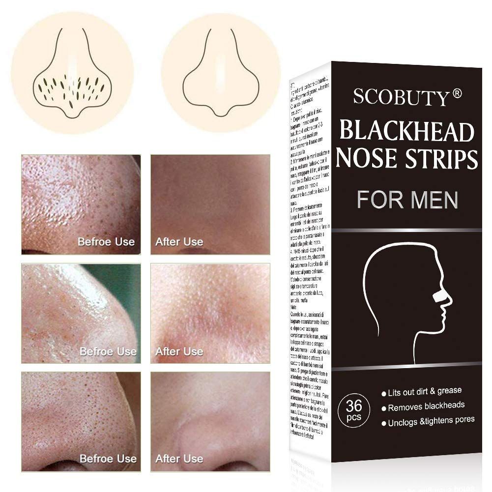 Confezione di strisce nasali. Immagini prima-dopo. Testo: "SCOBUTY Blackhead Nose Strips FOR MEN".