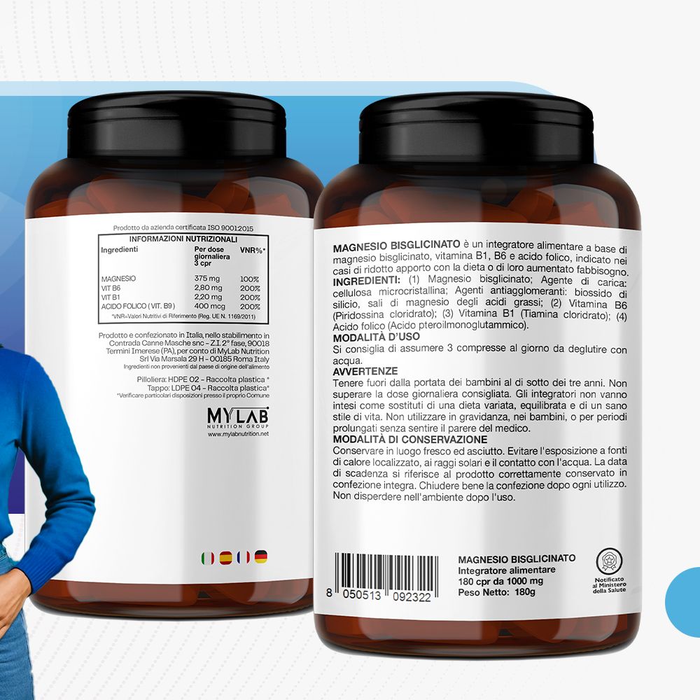 Retro di un flacone marrone di magnesio bisglicinato. Testo in italiano.