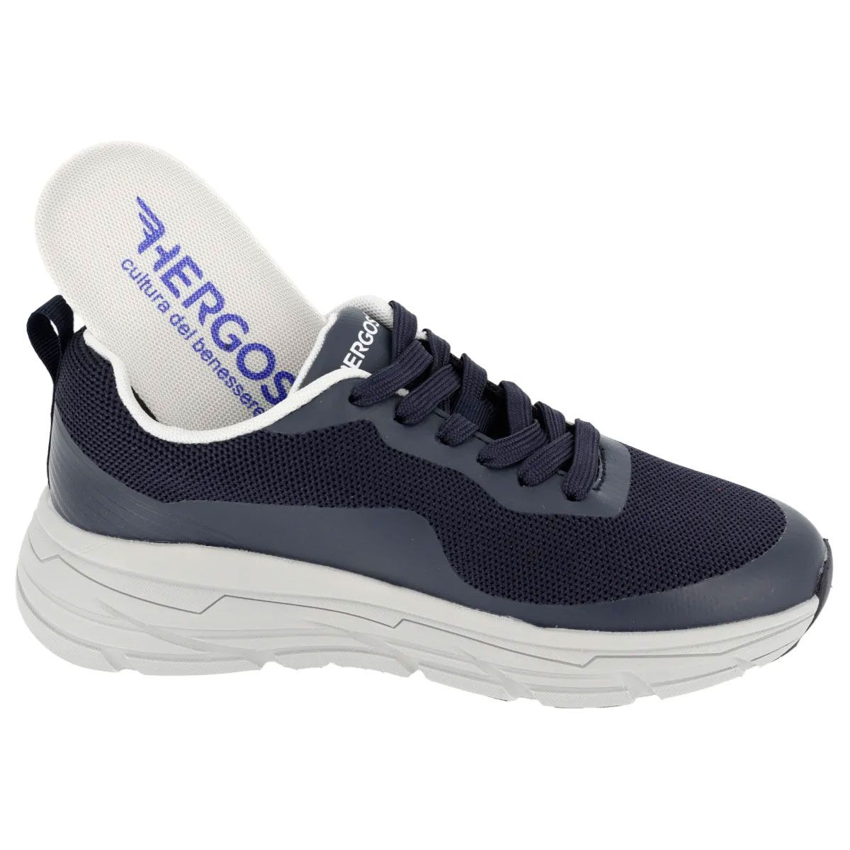 Sneaker blu HERGOS con soletta rimovibile. Suola grigio chiaro, tomaia in mesh. Colletto bianco. Logo sulla soletta.