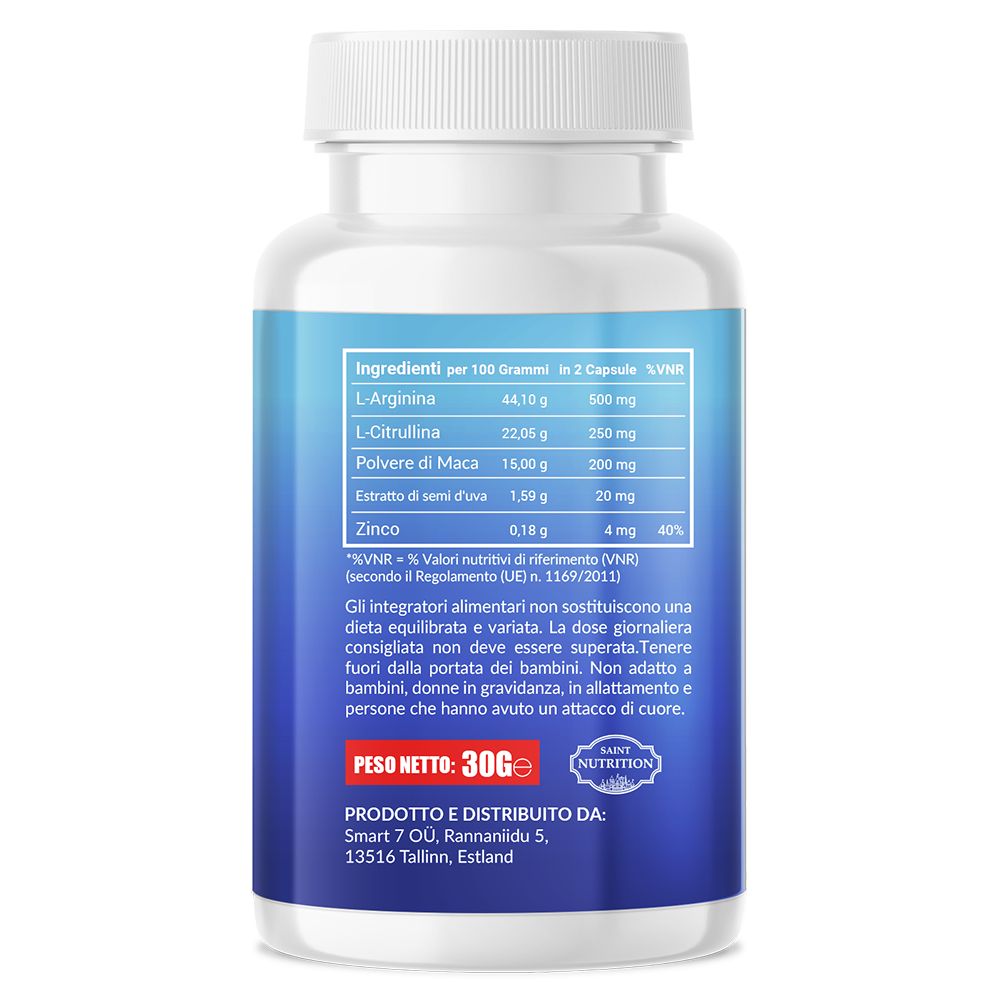 Retro di un flacone di pillole. Etichetta blu con testo in italiano. Contiene informazioni nutrizionali e del produttore.