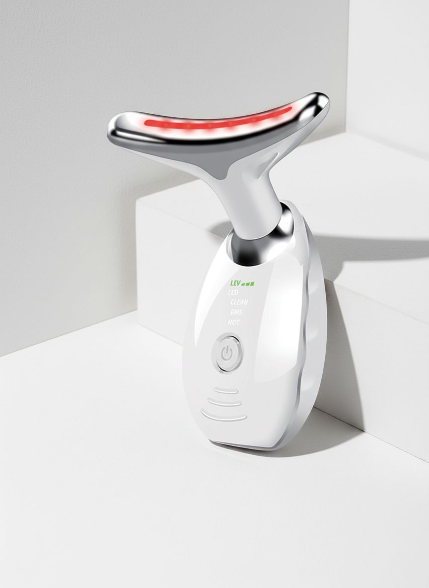 Dispositivo bianco con testa curva, su una superficie bianca. Striscia luminosa rossa sulla testa, display LED. Sfondo minimalista.