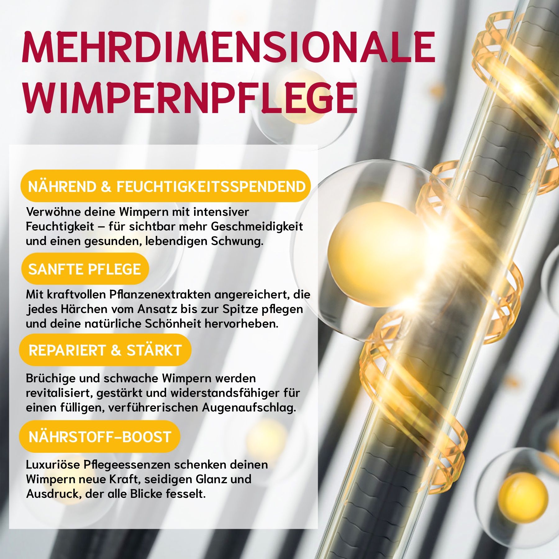 Primo piano delle ciglia. Testo: Cura delle ciglia multidimensionale. Nutriente e idratante.
