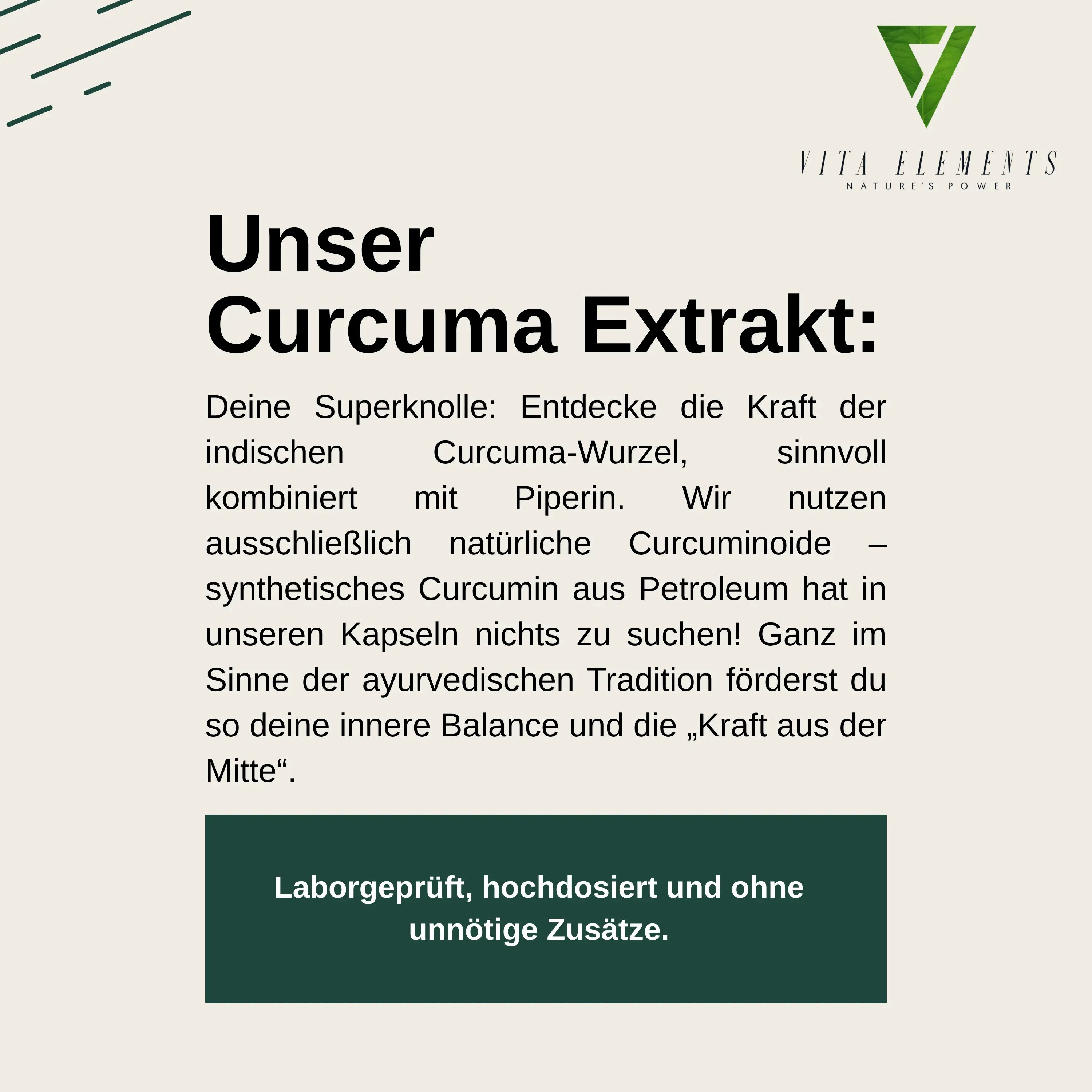 Vita Elements Curcuma Estratto: Informazioni su ingredienti, test di laboratorio e produzione vegana. Senza additivi inutili.
