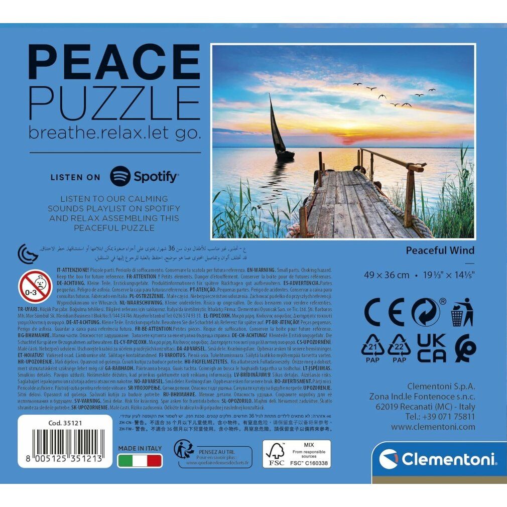 Retro della scatola del puzzle. Contiene informazioni su dimensioni, produttore, simboli di sicurezza e nota Spotify. Marchio: Clementoni.