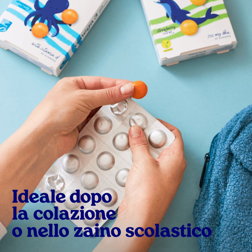 Confezione di gummies Arctic Blue Omega-3 con informazioni nutrizionali multilingue.