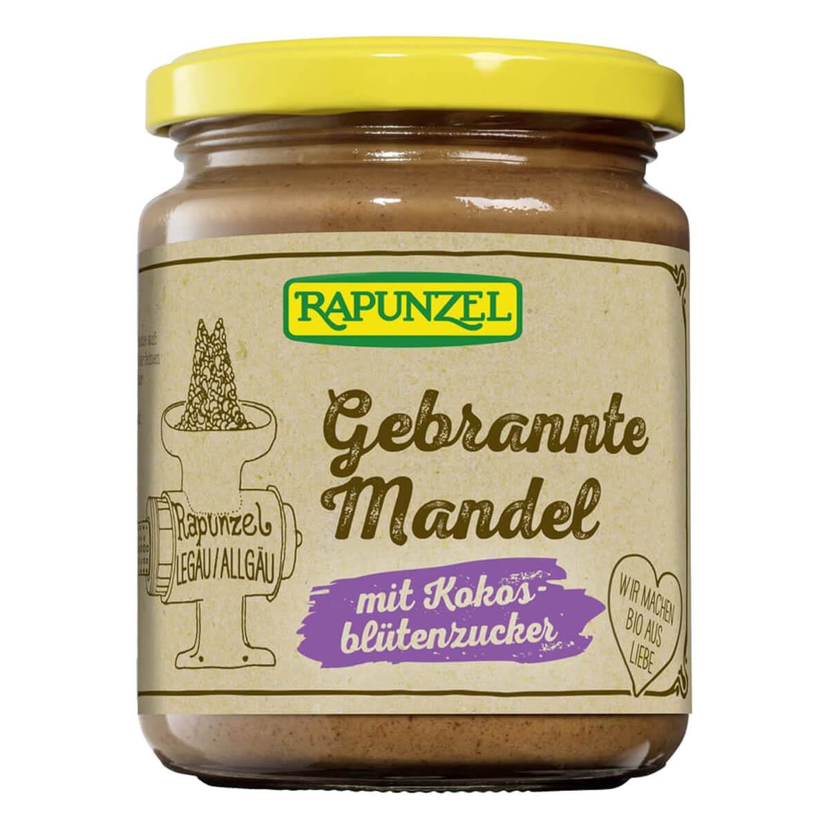 Crema Rapunzel Mandorle Caramellate con Zucchero di Fiori di Cocco in vasetto, con sigillo Bio.