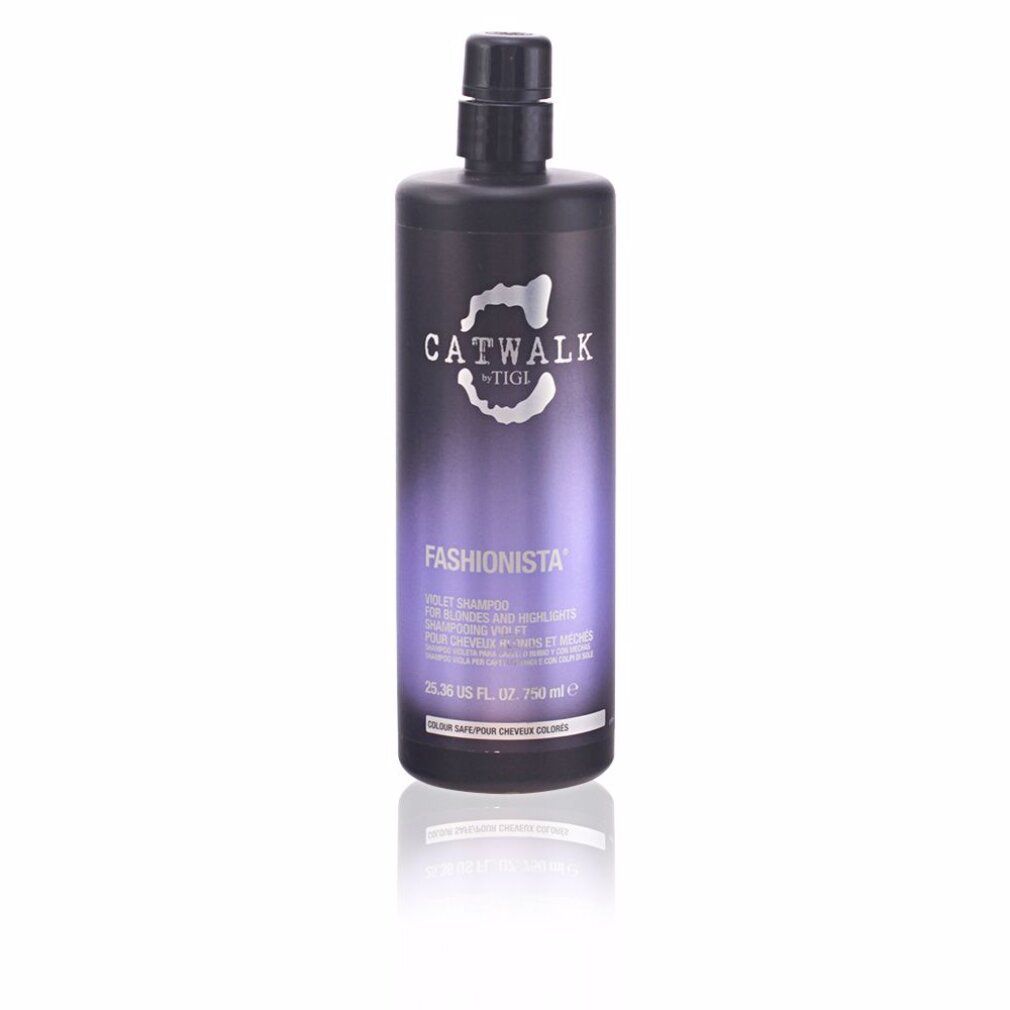 Flacone nero con scritta CATWALK TIGI FASHIONISTA. Sfumatura viola. Testo: VIOLET SHAMPOO. Tappo nero.