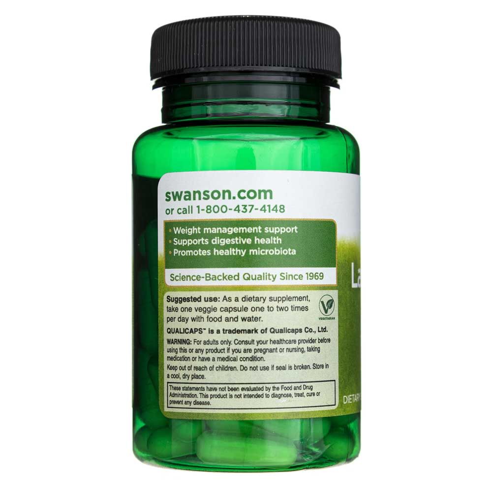 Retro di una bottiglia di Swanson Lactobacillus Gasseri con informazioni su qualità e uso.