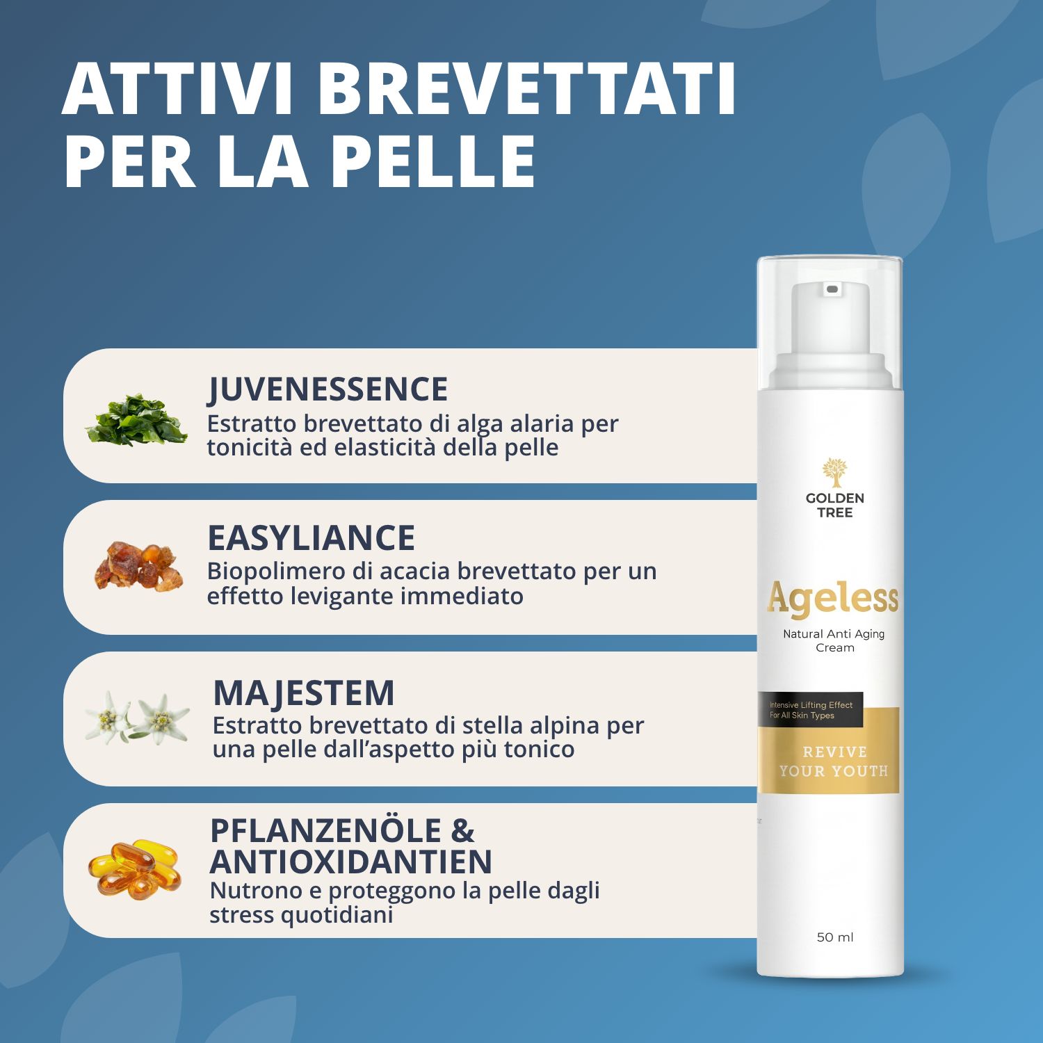 Crema Golden Tree Ageless con principi attivi brevettati: Juvenesence, Easyliance, Majestem, Oli vegetali & Antiossidanti.