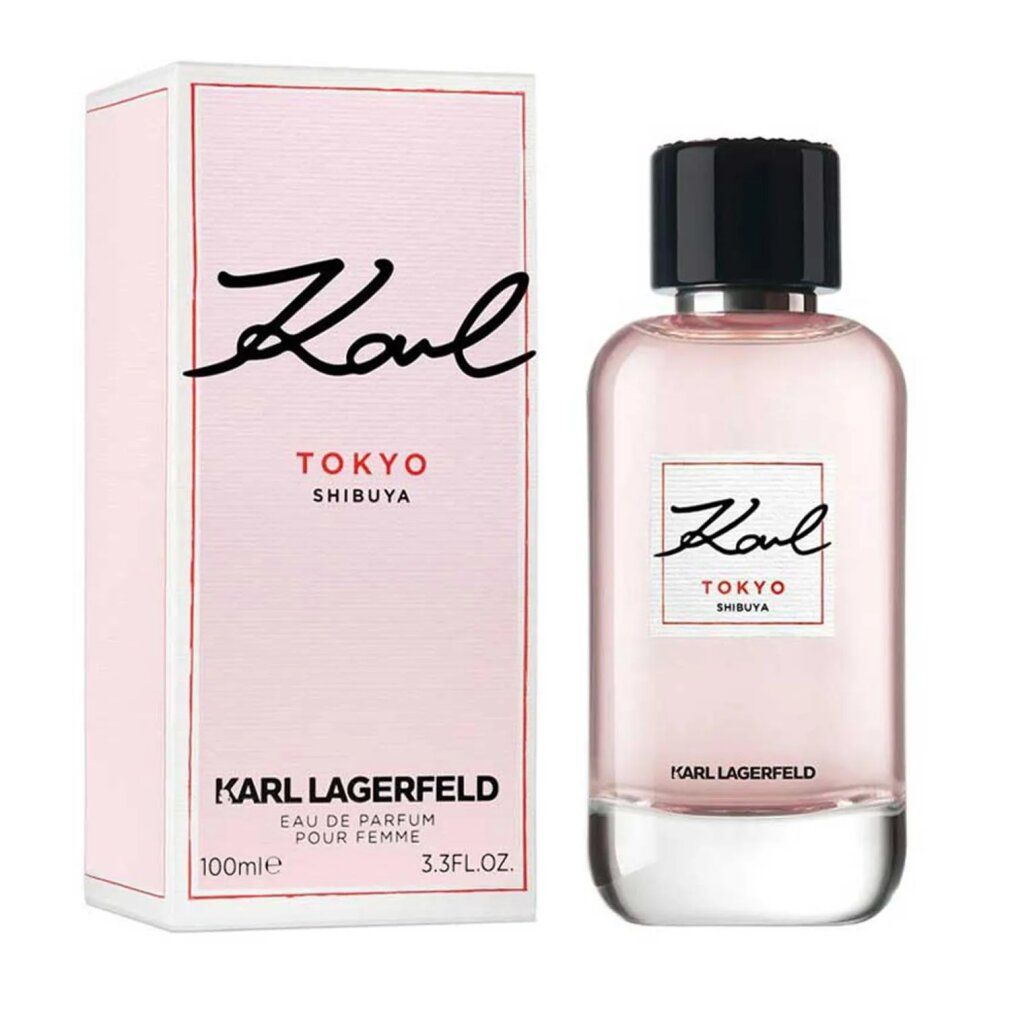 Karl Lagerfeld Kl Tokyo Femme Eau De Parfum Spray. Flacone rosa, tappo nero, confezione rosa. Scritta Karl, Tokyo, Shibuya.