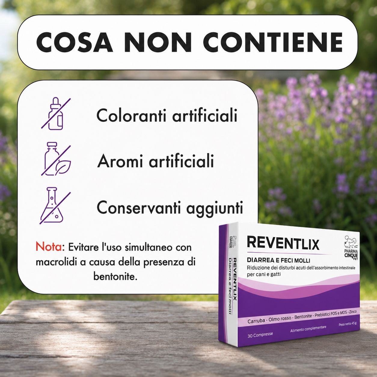 Confezione Reventlix con informazioni su cosa non contiene il prodotto.
