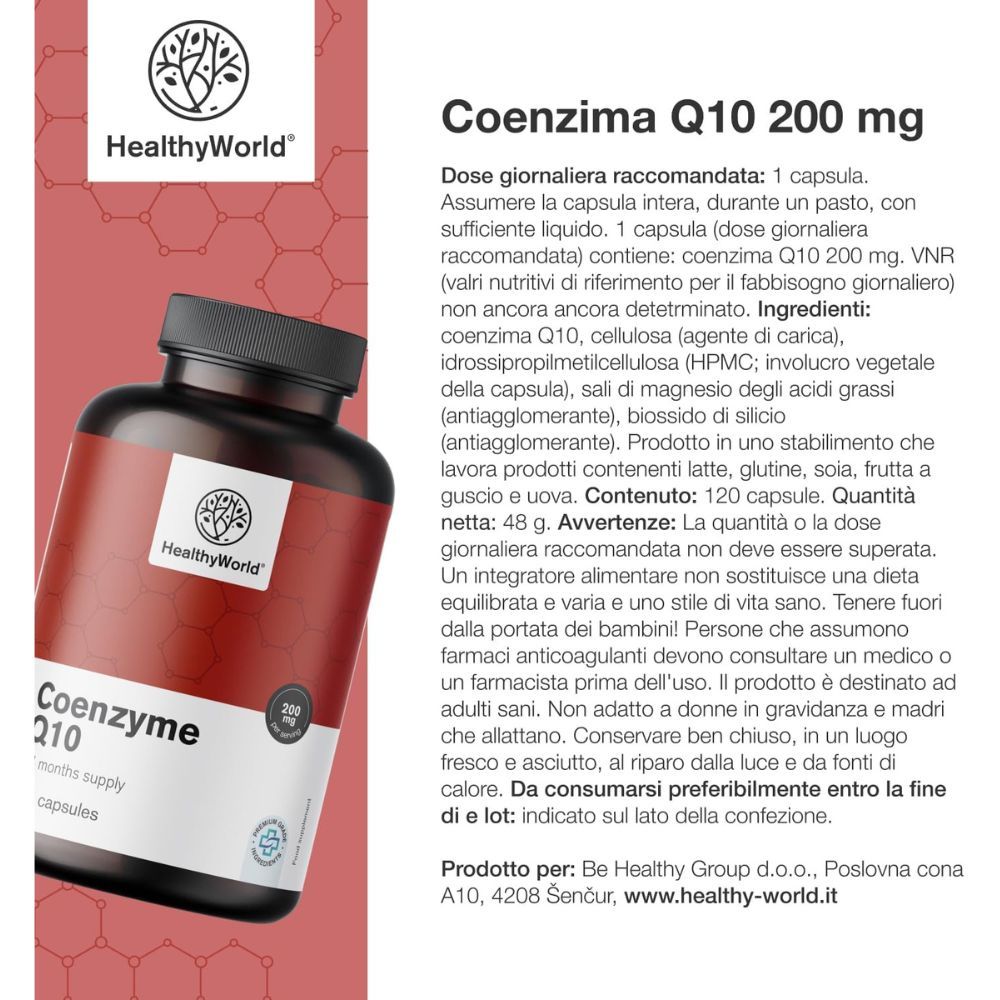Flacone con testo: HealthyWorld, Coenzima Q10, 200 mg, 120 capsule. Testo: Dose giornaliera raccomandata: 1 capsula.