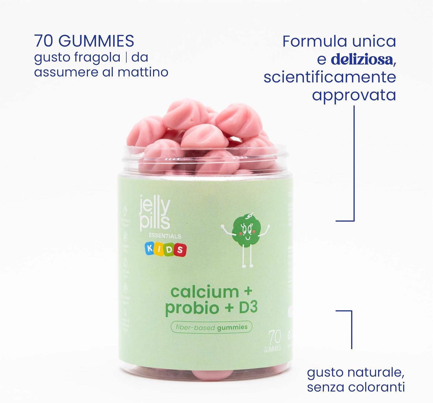 Un barattolo di Jelly Pills Kids Gummies. Scritta: calcium + probio + D3 gummies. 70 caramelle gommose. Caramelle gommose nel barattolo.