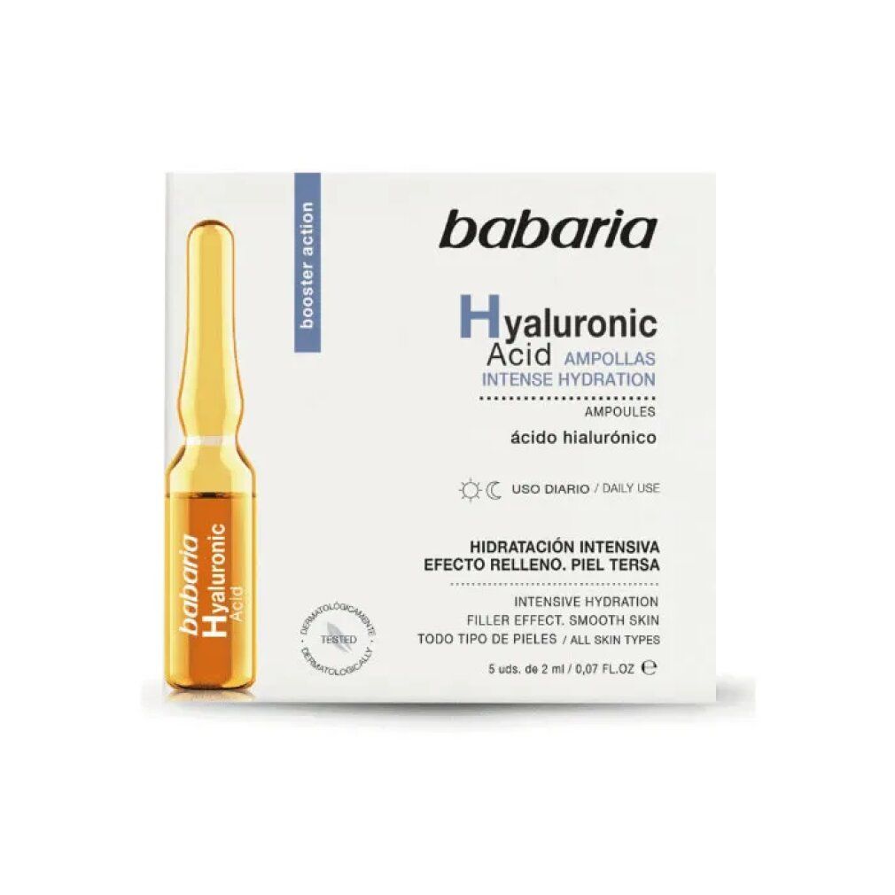 Confezione di Babaria Ampolle Acido Ialuronico. Un'ampolla visibile. Scritta: Hyaluronic Acid, Intense Hydration.