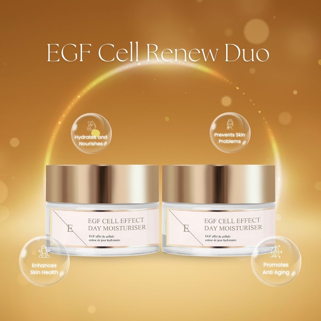 Due vasetti di crema idratante giorno con coperchi dorati ed etichette. Scritta: EGF Cell Effect Day Moisturiser. Sfondo dorato.