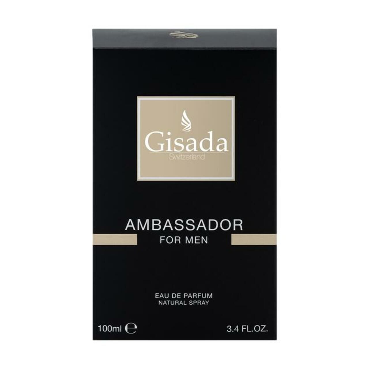Confezione nera con scritta dorata: Gisada, Switzerland. Scritta AMBASSADOR FOR MEN. Sotto: Eau de Parfum Natural Spray. 100ml e, 3.4 FL.OZ.