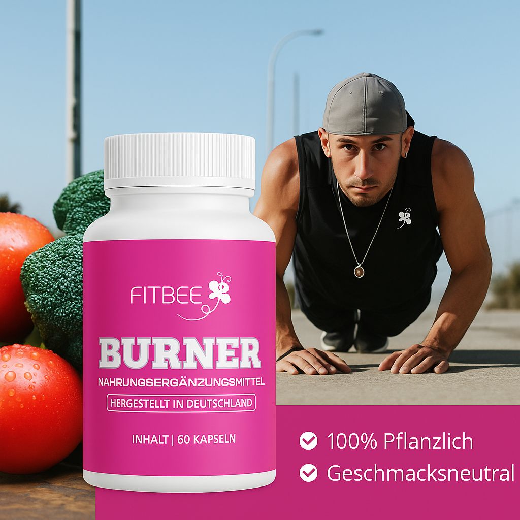 Flacone con etichetta rosa. Testo: FITBEE BURNER, integratore alimentare, prodotto in Germania. 60 capsule. Uomo sullo sfondo.