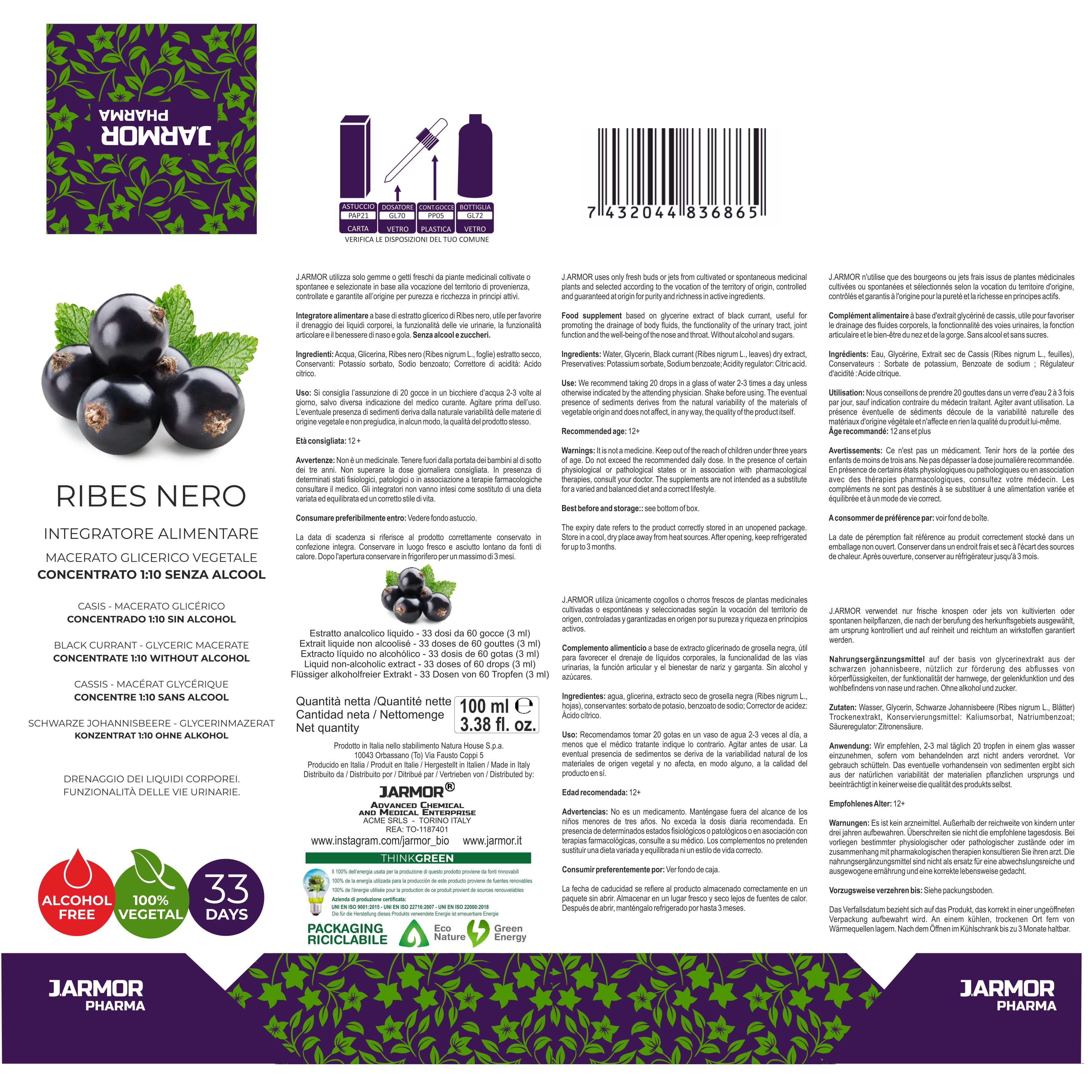 Confezione con testo e illustrazioni. Testo: Ribes Nero, J.Armor Pharma. Illustrazione di ribes neri. Certificazioni.