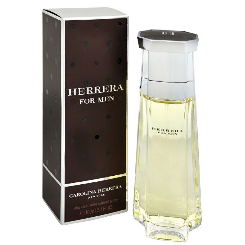 Flacone e confezione Herrera For Men Eau de Toilette. Scatola marrone, scritta.