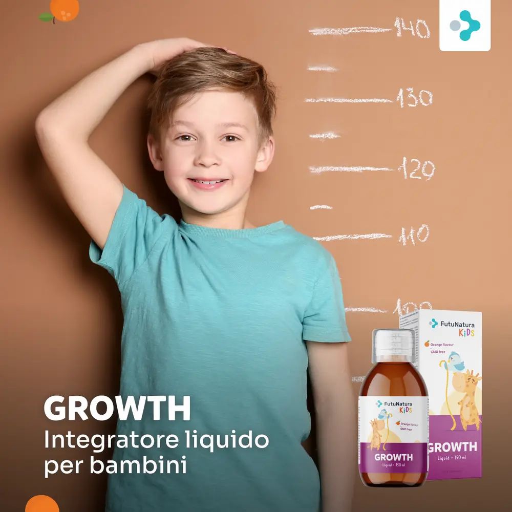 Flacone e confezione di FutuNatura Kids Growth. Integratore liquido per bambini. Gusto arancia.