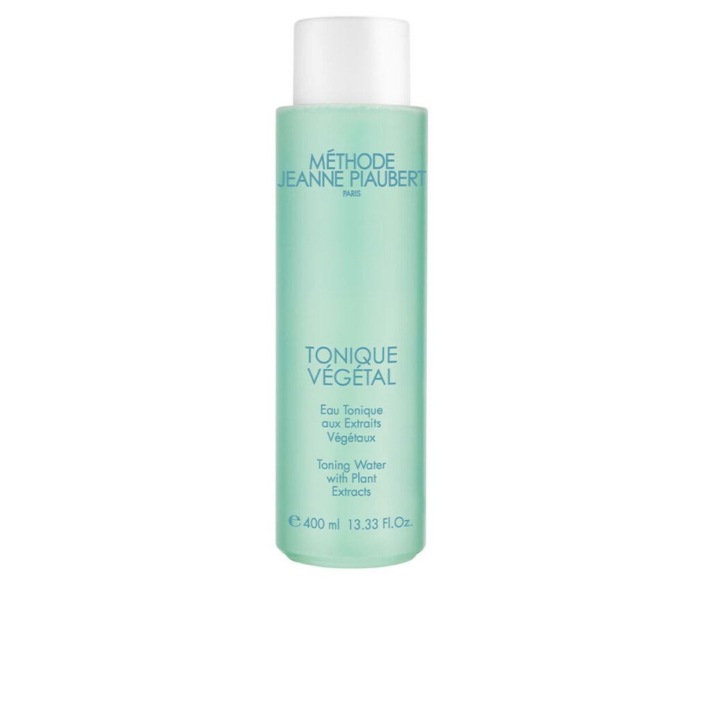 Flacone verde con tappo bianco. Scritta: Tonique Végétal, Eau tonique, Toning water. Marchio: Jeanne Piaubert. Volume: 400 ml.