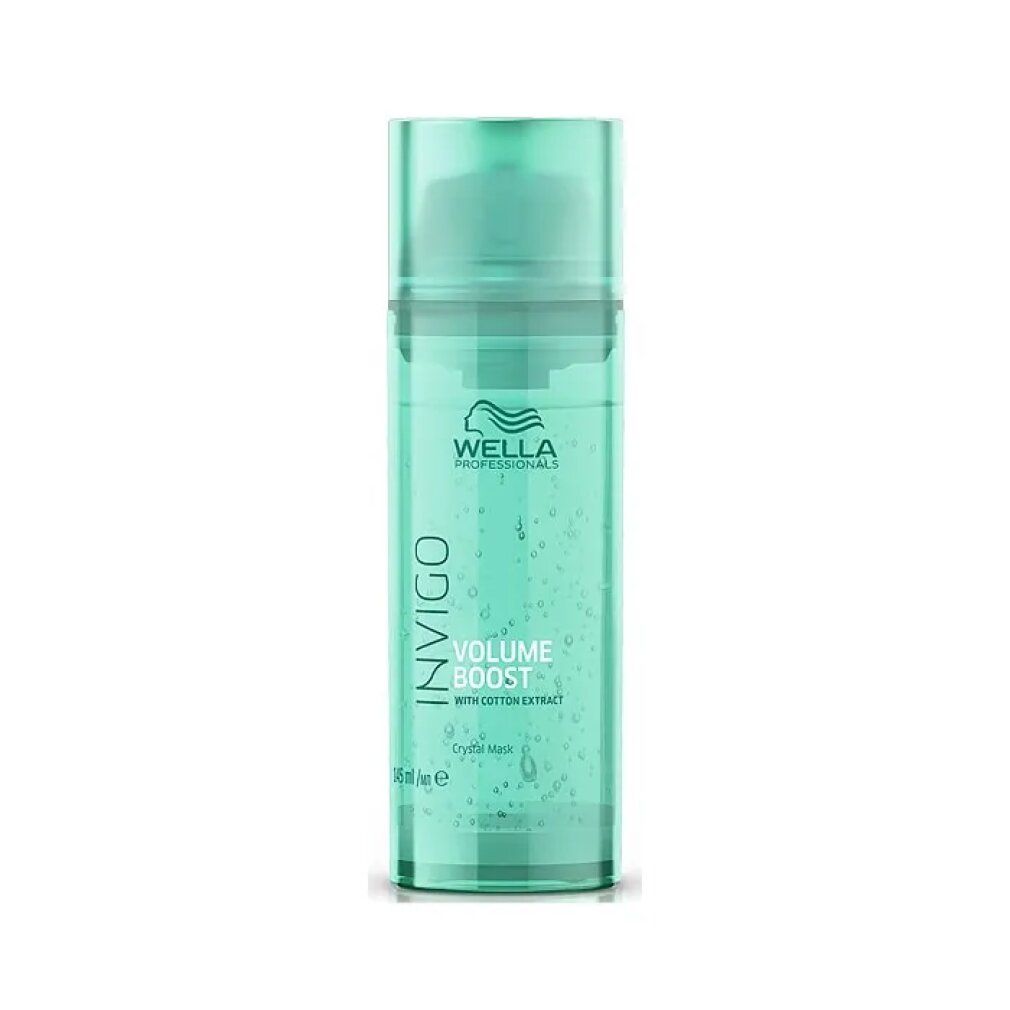 Flacone turchese con logo Wella Invigo e testo. Nome prodotto: Volume Boost Crystal Mask. Con estratto di cotone. 200 ml.
