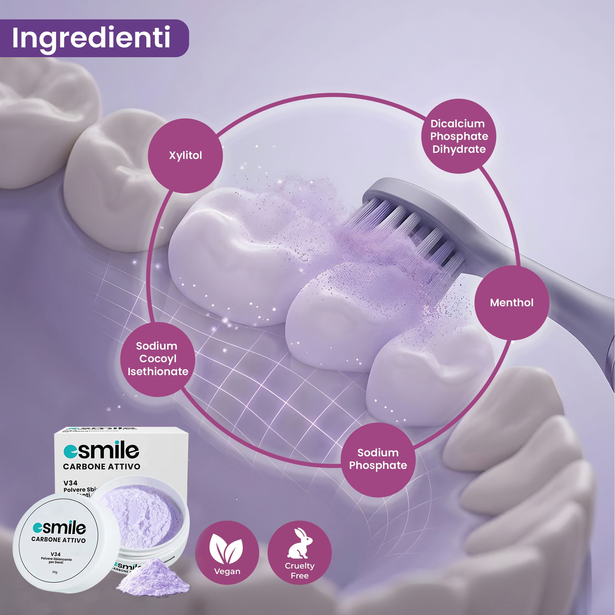 Spazzolino con polvere viola sui denti. Ingredienti: Xilitolo, fosfato bicalcico, mentolo, sodio cocoil isetionato, fosfato di sodio. Logo esmile.